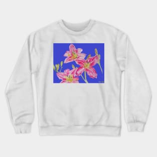 Pink Lily Flower Watercolor Painting Pattern - on Navy Blue Crewneck Sweatshirt